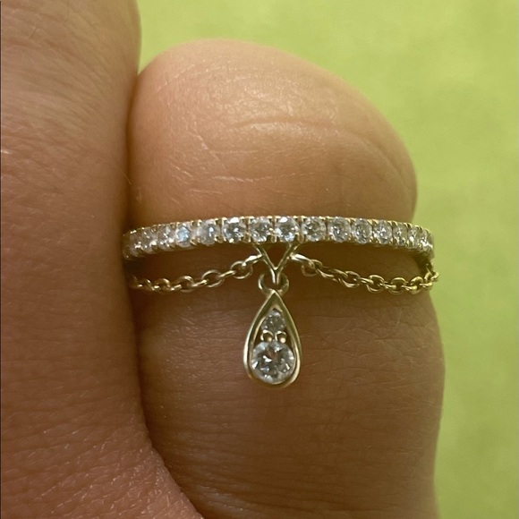 14K Yellow Gold Diamond Band and Chain Dangle Ring